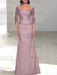 Off the shoulder satin mermaid gown with lace sleeves in dusty mauve
