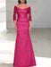Fuchsia off the shoulder satin mother of the bride gown with lace sleeves