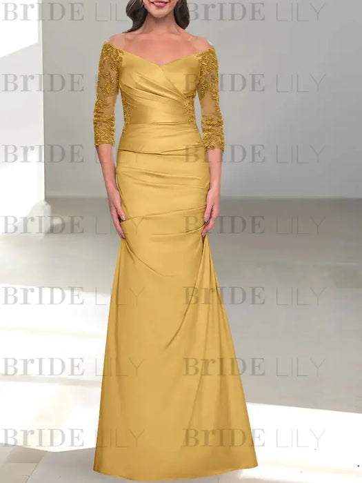 Gold off the shoulder satin mother of the bride gown with lace sleeves