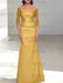 Gold off the shoulder satin mother of the bride gown with lace sleeves
