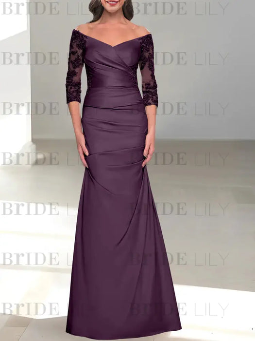 Grape off the shoulder satin mother of the bride gown with lace sleeves
