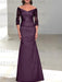 Grape off the shoulder satin mother of the bride gown with lace sleeves