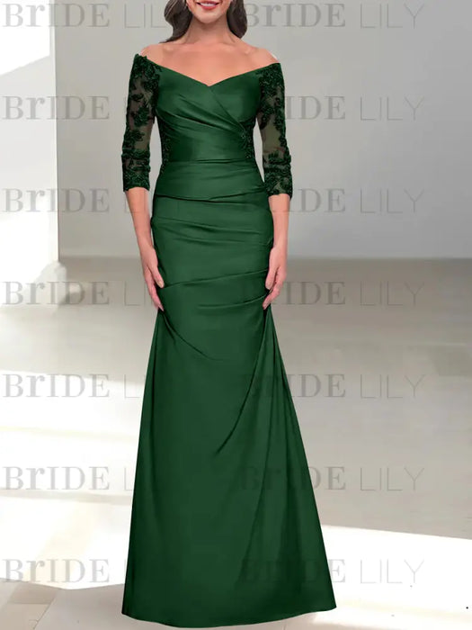 Green Black off the shoulder satin mother of the bride gown with lace sleeves