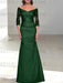 Green Black off the shoulder satin mother of the bride gown with lace sleeves