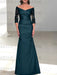 Ink Blue off the shoulder satin mother of the bride gown with lace sleeves