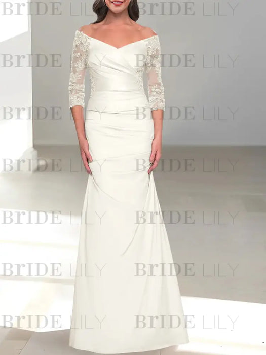Off the shoulder satin mermaid gown with lace sleeves in ivory