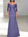 Lavender off the shoulder satin mother of the bride gown with lace sleeves