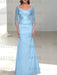 Light Blue off the shoulder satin mother of the bride gown with lace sleeves