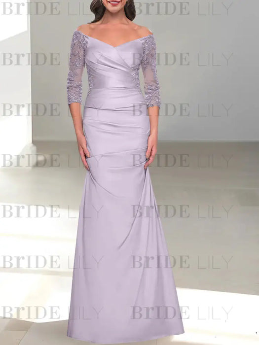 Lilac off the shoulder satin mother of the bride gown with lace sleeves