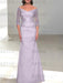 Lilac off the shoulder satin mother of the bride gown with lace sleeves