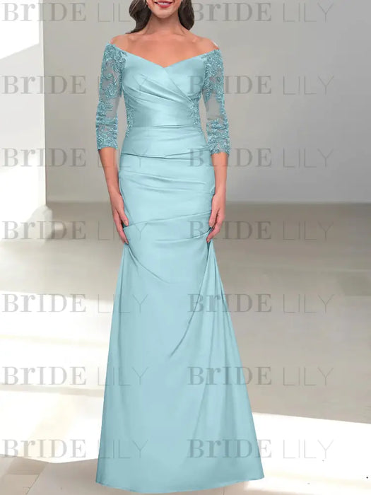 Mist Blue off the shoulder satin mother of the bride gown with lace sleeves
