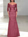 Mulberry off the shoulder satin mother of the bride gown with lace sleeves