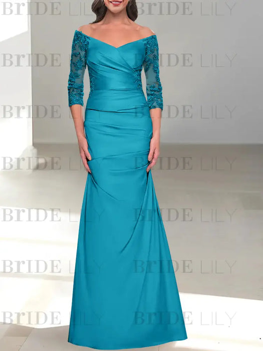 Ocean Blue off the shoulder satin mother of the bride gown with lace sleeves