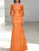 Orange off the shoulder satin mother of the bride gown with lace sleeves