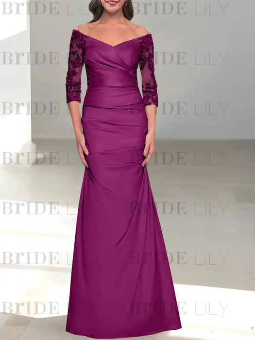 Orchid off the shoulder satin mother of the bride gown with lace sleeves