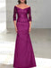 Orchid off the shoulder satin mother of the bride gown with lace sleeves