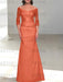 Papaya off the shoulder satin mother of the bride gown with lace sleeves