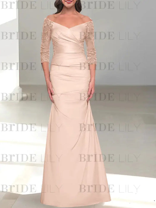 Pearl Pink off the shoulder satin mother of the bride gown with lace sleeves