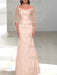 Pearl Pink off the shoulder satin mother of the bride gown with lace sleeves
