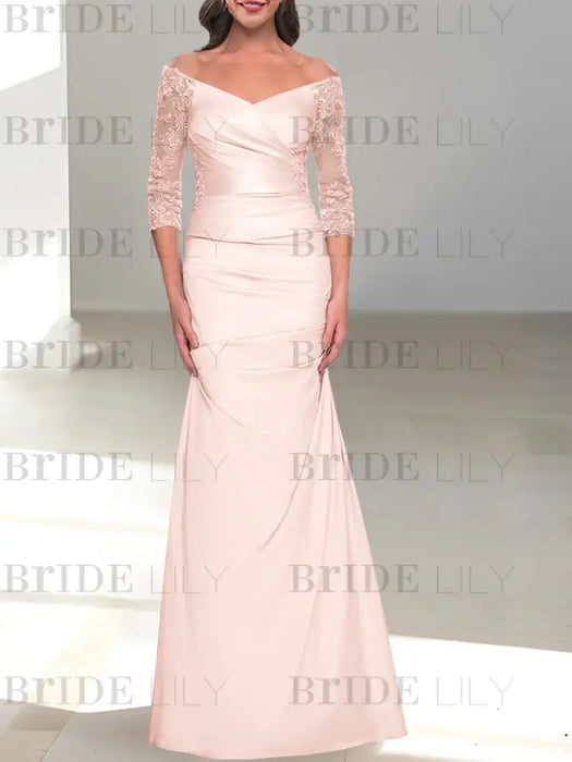 Petal off the shoulder satin mother of the bride gown with lace sleeves