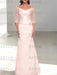 Petal off the shoulder satin mother of the bride gown with lace sleeves