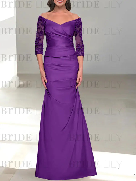 Plum off the shoulder satin mother of the bride gown with lace sleeves