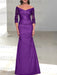 Plum off the shoulder satin mother of the bride gown with lace sleeves