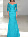 Pool off the shoulder satin mother of the bride gown with lace sleeves