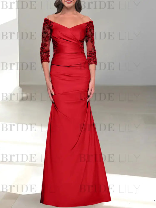 Red off the shoulder satin mother of the bride gown with lace sleeves