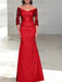 Red off the shoulder satin mother of the bride gown with lace sleeves