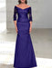 Regency off the shoulder satin mother of the bride gown with lace sleeves