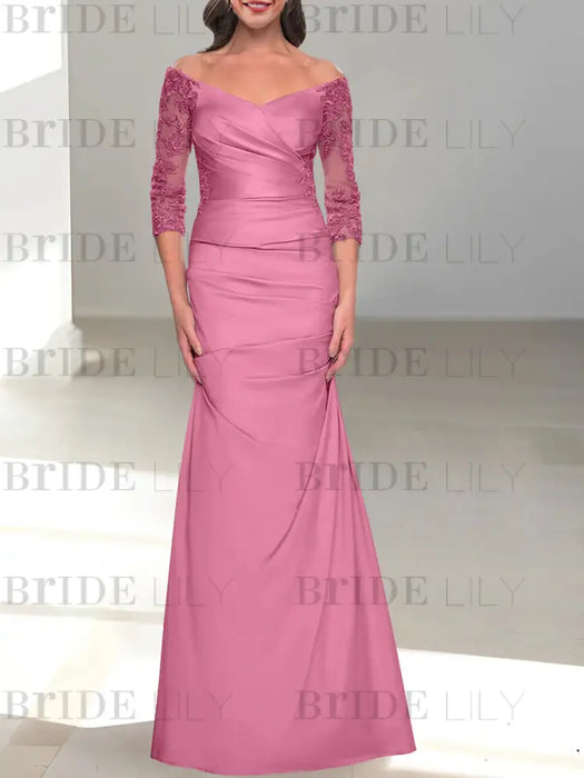 Off the shoulder satin mermaid gown with lace sleeves in rose pink