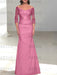 Off the shoulder satin mermaid gown with lace sleeves in rose pink