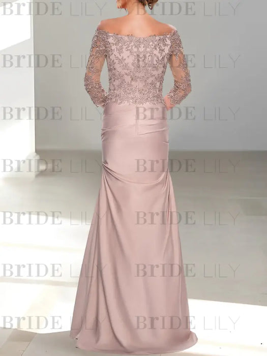 Back view of the rose taupe satin gown with an illusion lace back