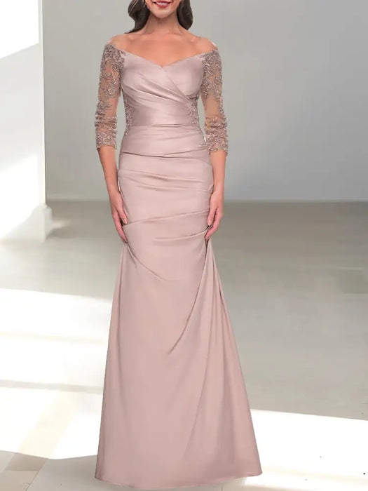 Off the shoulder satin mermaid gown with lace sleeves in rose taupe