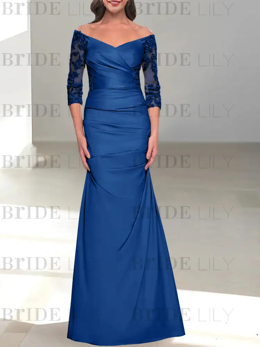 Royal Blue off the shoulder satin mother of the bride gown with lace sleeves