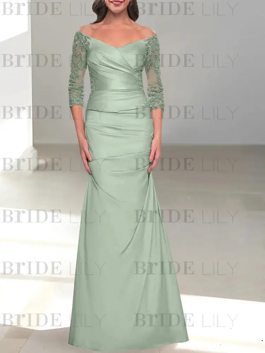 Sage off the shoulder satin mother of the bride gown with lace sleeves
