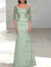 Sage off the shoulder satin mother of the bride gown with lace sleeves