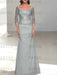 Silver off the shoulder satin mother of the bride gown with lace sleeves
