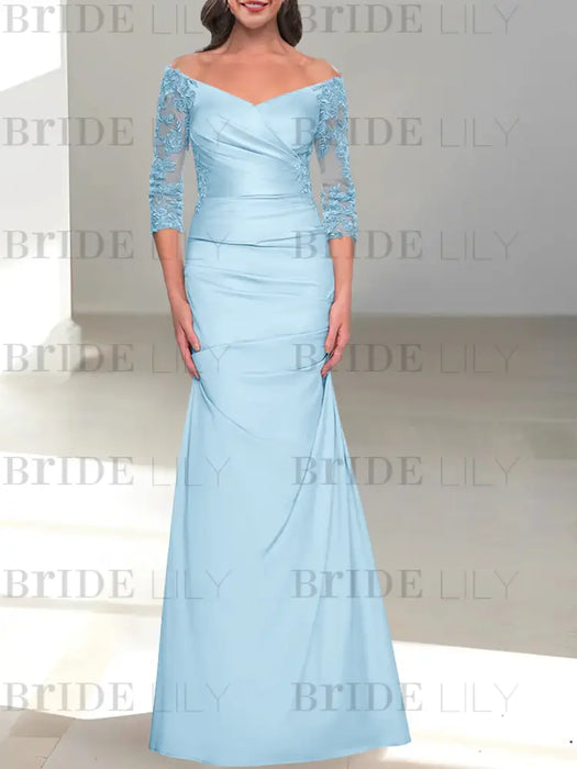 Sky Blue off the shoulder satin mother of the bride gown with lace sleeves