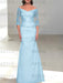 Sky Blue off the shoulder satin mother of the bride gown with lace sleeves