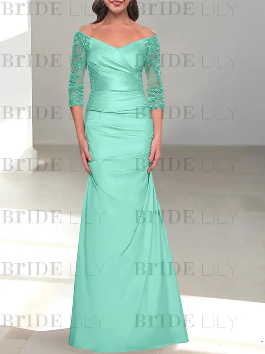 Spa off the shoulder satin mother of the bride gown with lace sleeves