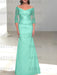 Spa off the shoulder satin mother of the bride gown with lace sleeves