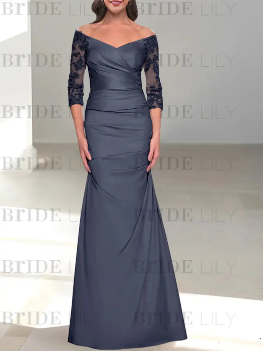 Stormy off the shoulder satin mother of the bride gown with lace sleeves