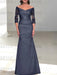 Stormy off the shoulder satin mother of the bride gown with lace sleeves