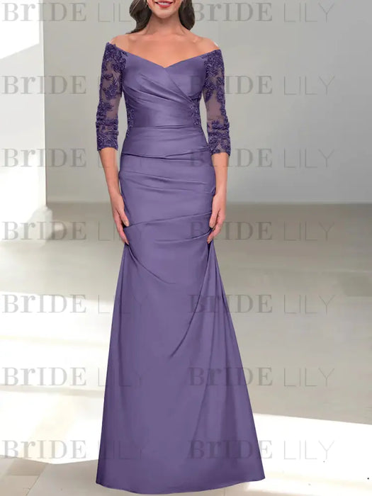 Tahiti off the shoulder satin mother of the bride gown with lace sleeves
