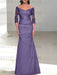 Tahiti off the shoulder satin mother of the bride gown with lace sleeves