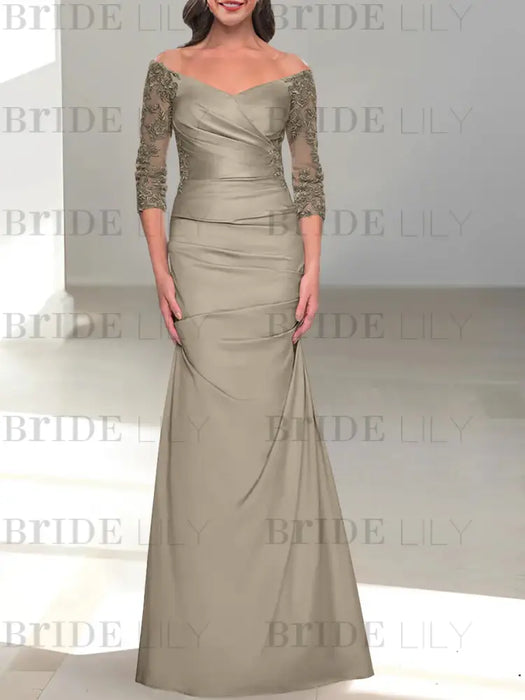 Taupe off the shoulder satin mother of the bride gown with lace sleeves