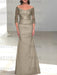 Taupe off the shoulder satin mother of the bride gown with lace sleeves