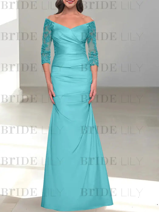 Off the shoulder satin mermaid gown with lace sleeves in turquoise